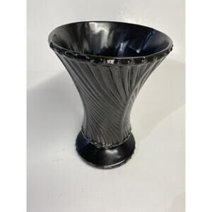 USA Pottery Dark Brown Black Vase 2025 Fluted Ceramic Container Art Deco